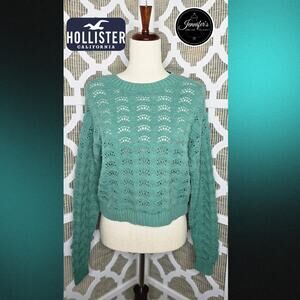 Hollister Women's Green Crochet Knit Crew Neck Long Sleeve Sweater Size XS